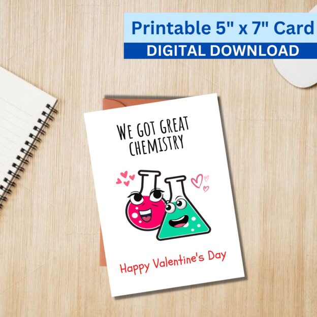 Funny 5x7 Printable Valentine's Day Greeting Card We Got Great Chemistry Printable Digital Download with Envelope Template