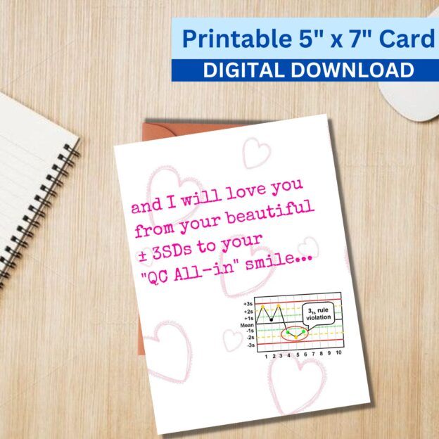 Funny 5x7 Printable Valentine's Day Greeting Card Laboratory QC SD Westgard Printable Digital Download with Envelope Template