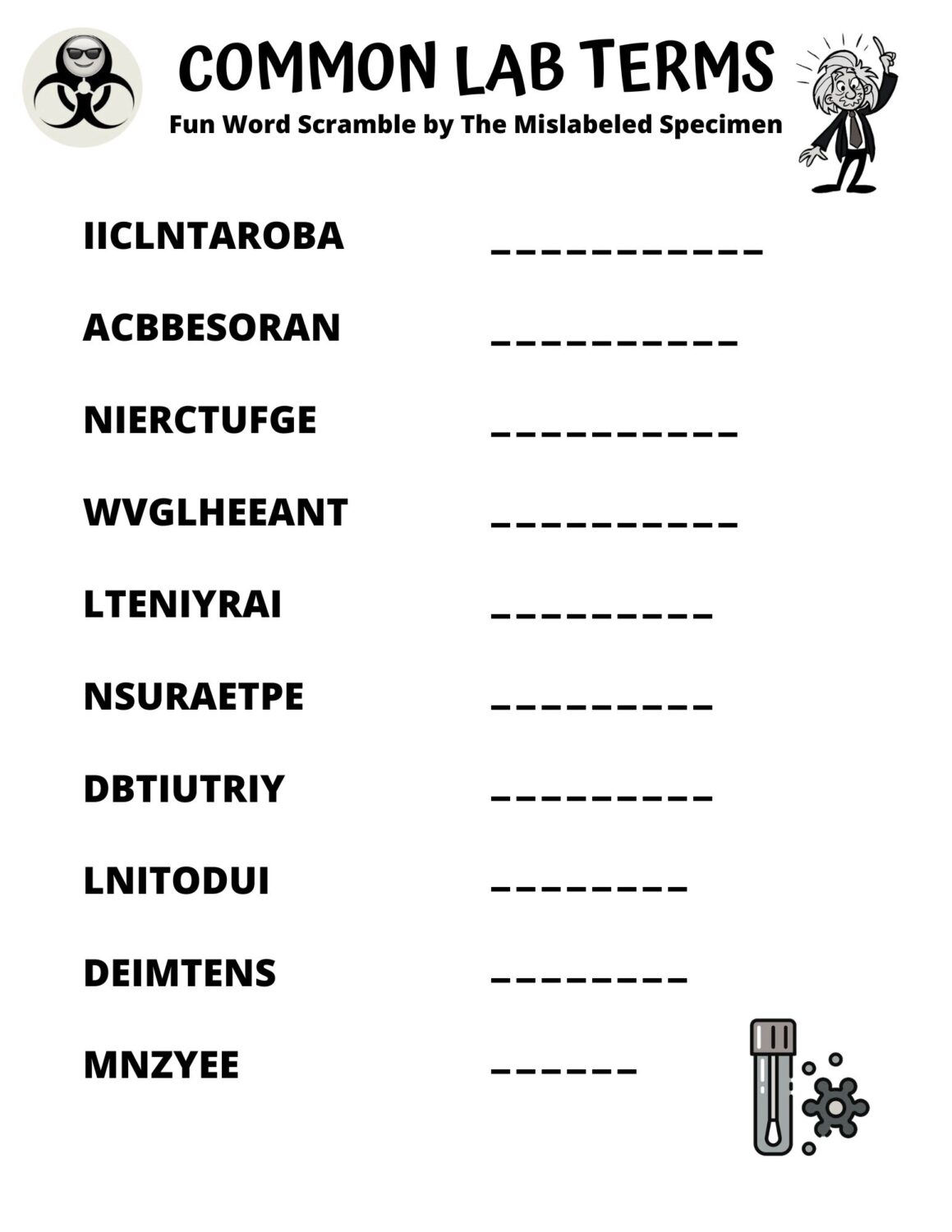 Word Scramble Common Laboratory Terms The Mislabeled Specimen Fun