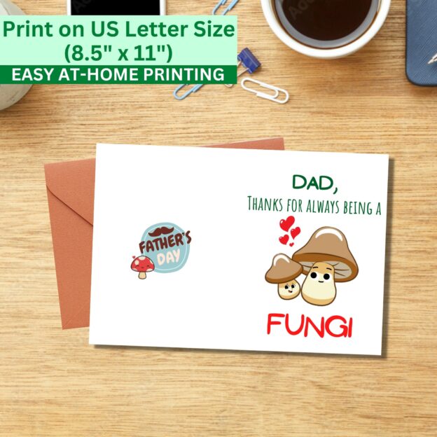 Funny 5x7 Printable Father's Day Greeting Card Puns Fungi Dad Printable Digital Download with Envelope Template