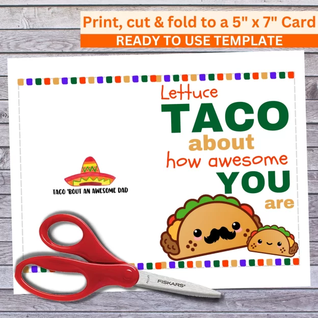 vFunny 5x7 Printable Father's Day Greeting Card Puns Dad Lettuce Taco About How Awesome Printable Digital Download with Envelope Template